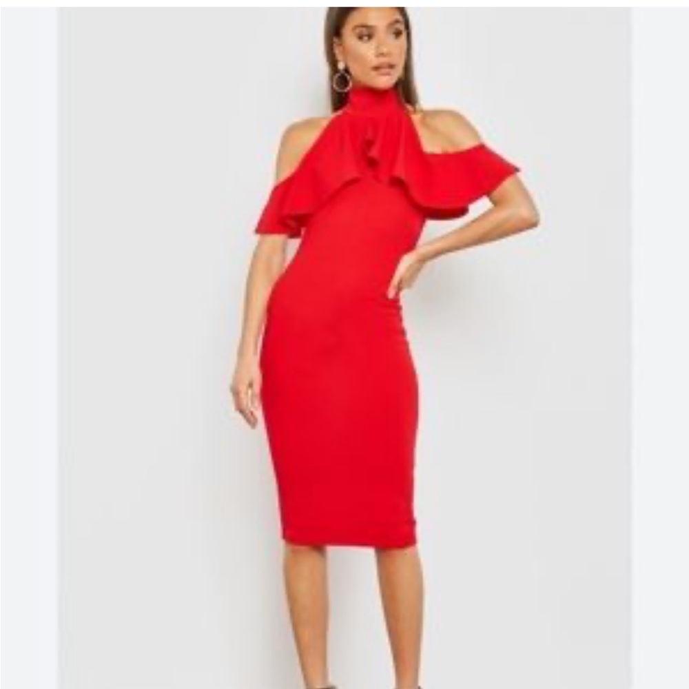 Misguided red high neck frill cold shoulder midi dress- size 1